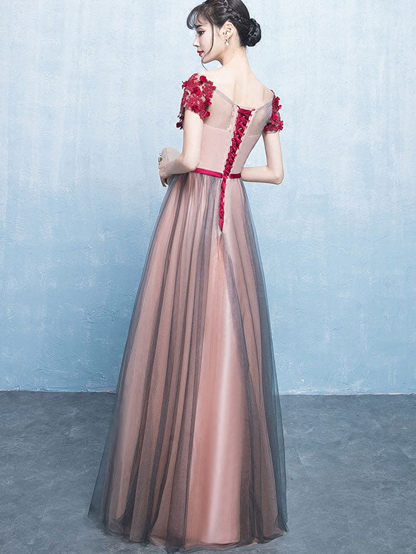 Applique Tulle Belt Maxi Evening Formal Dress