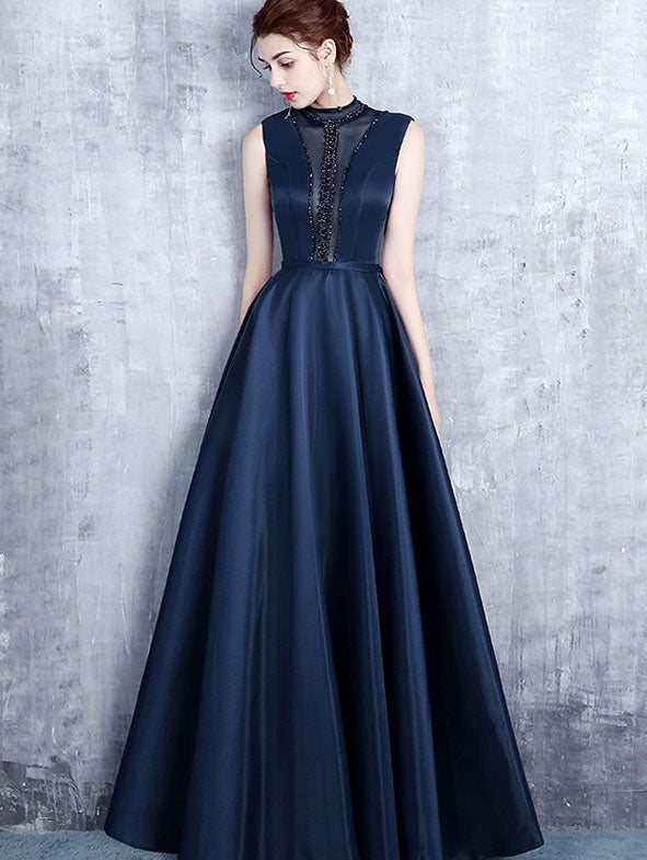 High Neck Maxi A-Line Formal Dress with Mesh Panel