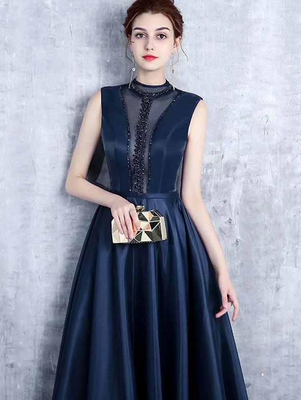 High Neck Maxi A-Line Formal Dress with Mesh Panel