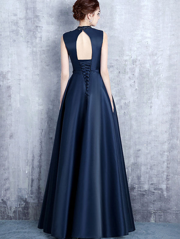 High Neck Maxi A-Line Formal Dress with Mesh Panel