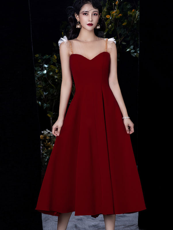 Red Illusion Mesh Sweetheart Neck Fit & Flare Party Dress
