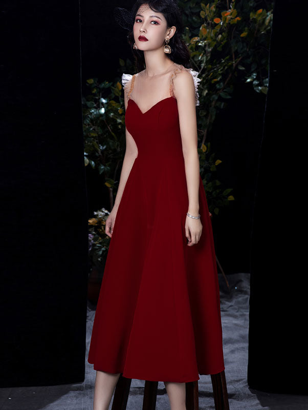 Red Illusion Mesh Sweetheart Neck Fit & Flare Party Dress