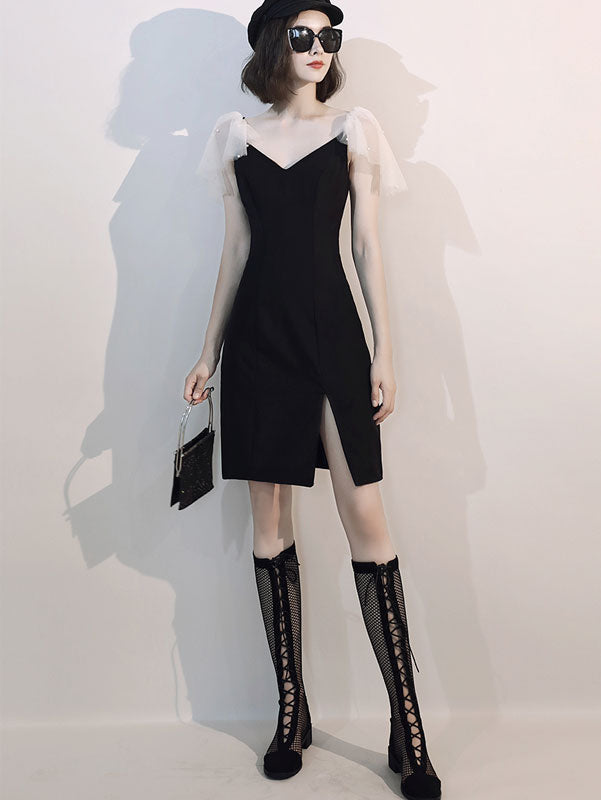 Black V-Neck Slit Bodycon Dress with Ruffle Sleeve