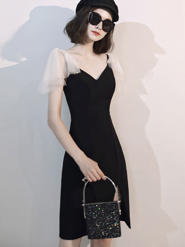 Black V-Neck Slit Bodycon Dress with Ruffle Sleeve