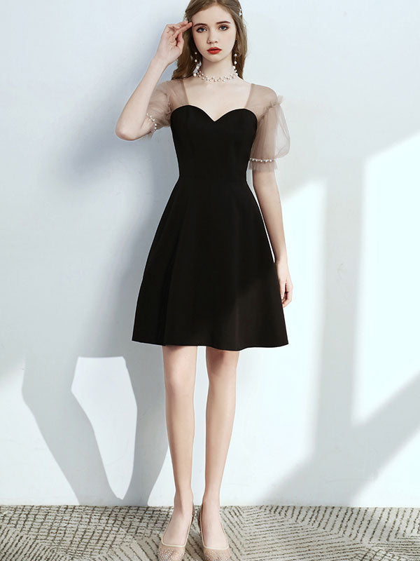 Black Ruffle Sleeve Sweetheart A-Line Party Dress