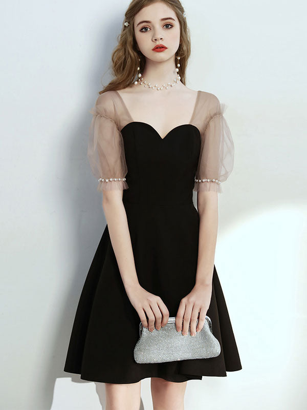 Black Ruffle Sleeve Sweetheart A-Line Party Dress