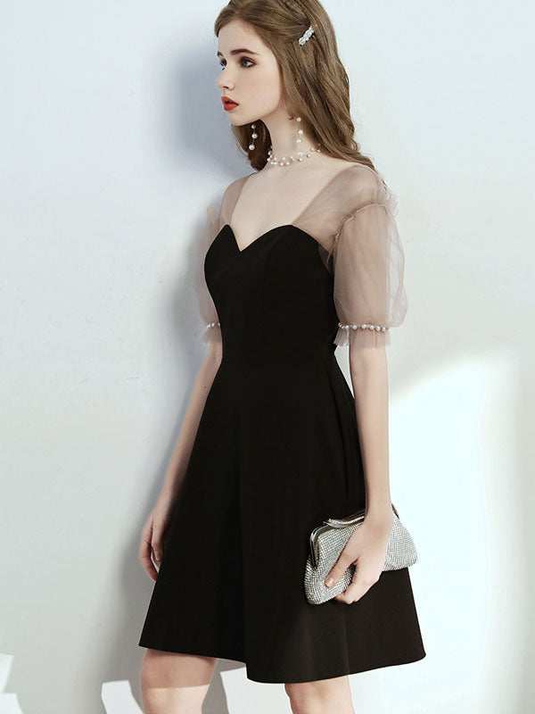 Black Ruffle Sleeve Sweetheart A-Line Party Dress