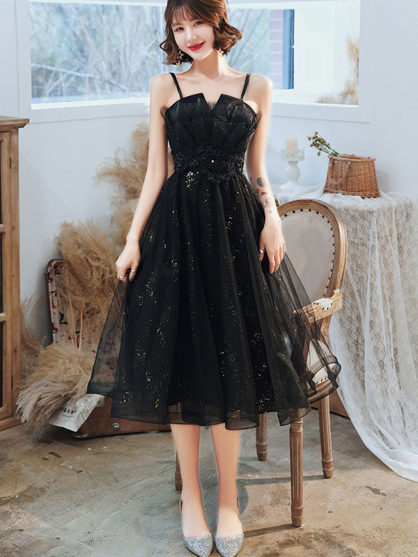 Shimmer Black Appliques Tulle Slip Midi Party Dress