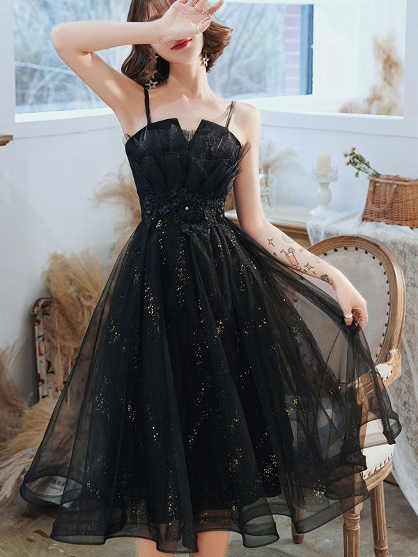 Shimmer Black Appliques Tulle Slip Midi Party Dress
