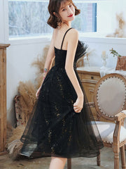 Shimmer Black Appliques Tulle Slip Midi Party Dress