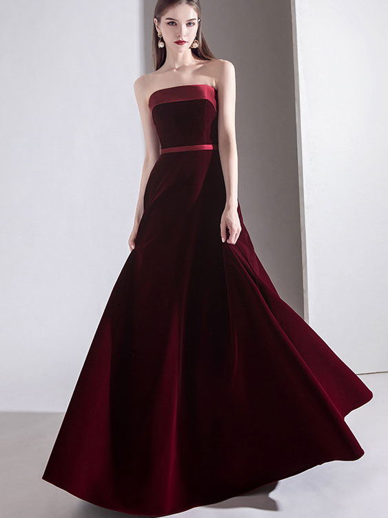 Wine Red Bandeau A-Line Maxi Wedding Prom Dress