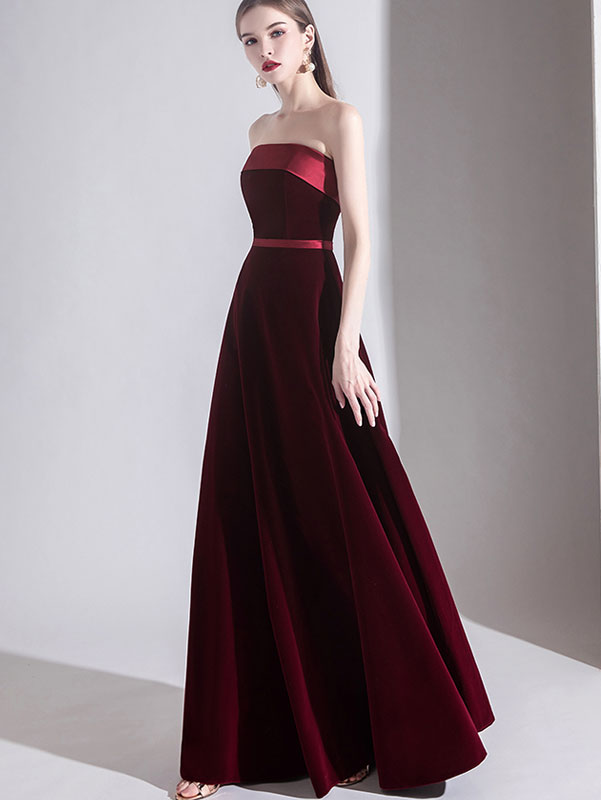 Wine Red Bandeau A-Line Maxi Wedding Prom Dress