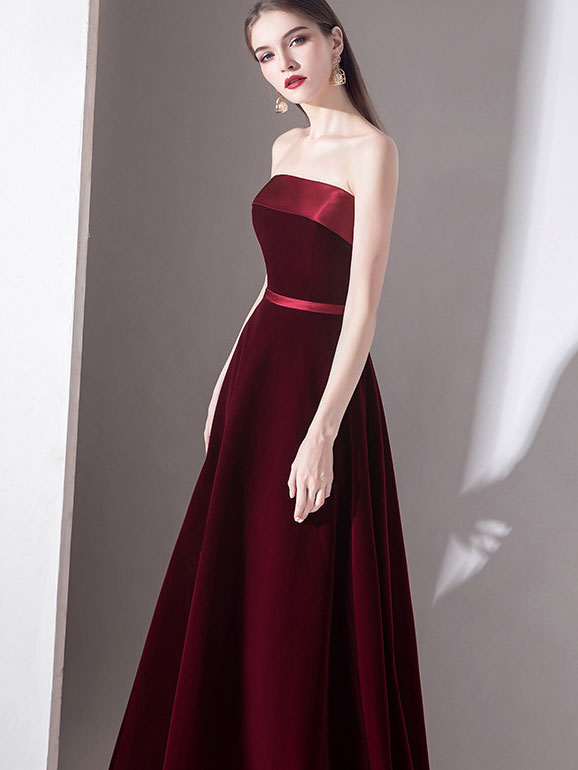 Wine Red Bandeau A-Line Maxi Wedding Prom Dress