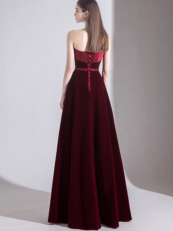Wine Red Bandeau A-Line Maxi Wedding Prom Dress