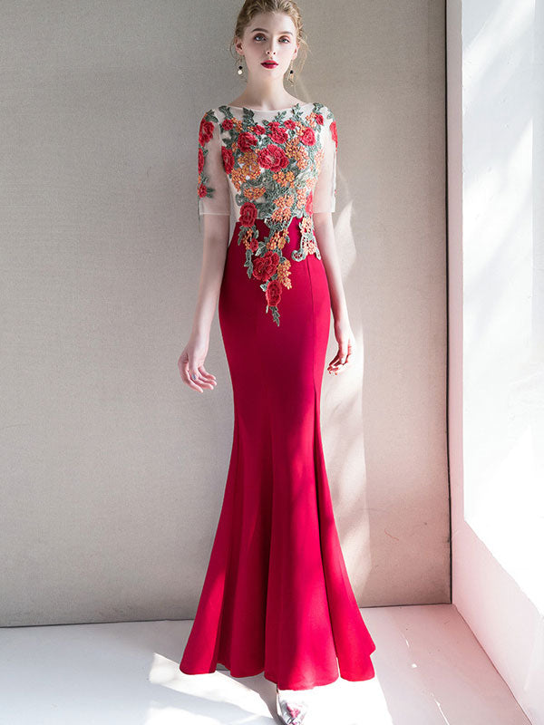 fishtail prom dress Wine Red Mermaid with Applique Embroidery Custom Made / Burgundy Item:Dress Only (No Cardigan) Graduation Dress Pretty Short Long Sleeve Wedding Gown Back Tied