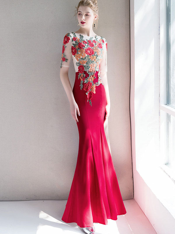 Wine Red Mermaid Fishtail Prom Dress with Applique Embroidery