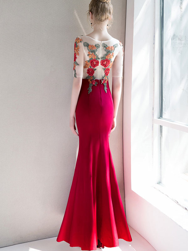 Wine Red Mermaid Fishtail Prom Dress with Applique Embroidery