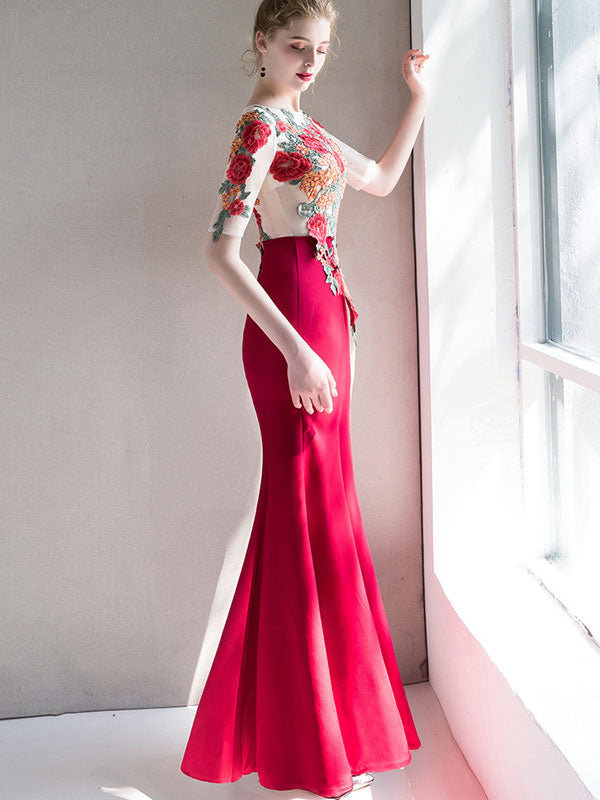 Wine Red Mermaid Fishtail Prom Dress with Applique Embroidery