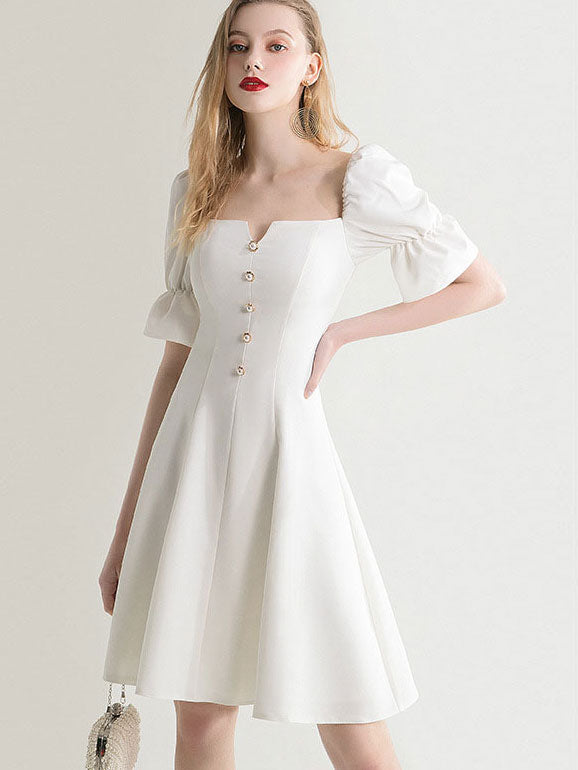 White Square Neck Dress with Frill Sleeve