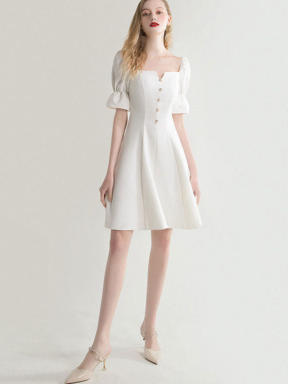 White Square Neck Dress with Frill Sleeve