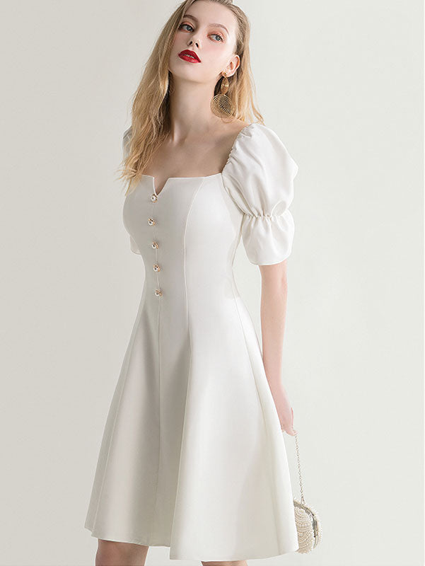 White Square Neck Dress with Frill Sleeve