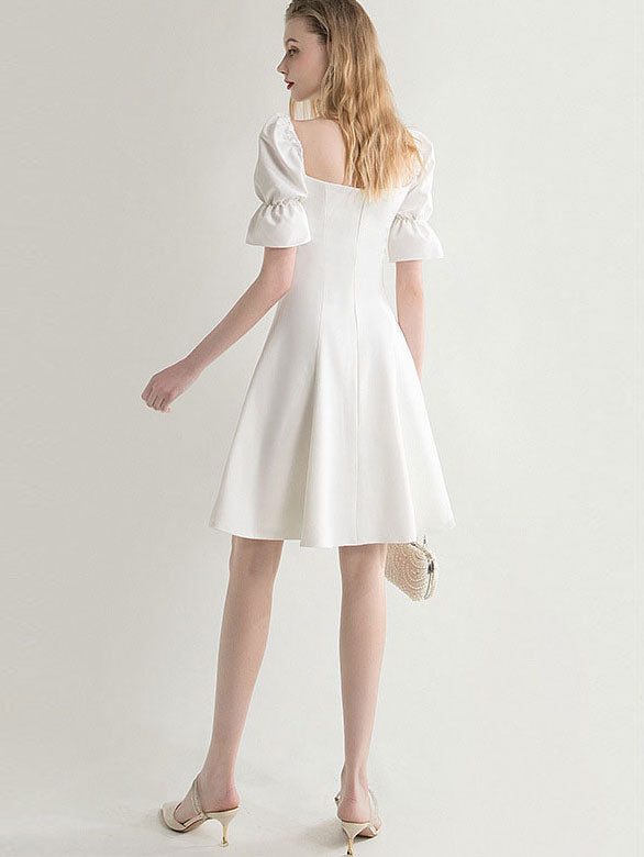 White Square Neck Dress with Frill Sleeve