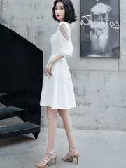 White Boat Neck A-Line Dress with Puff Sleeve - IMALLURE – imallure
