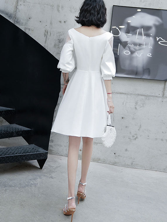 White Boat Neck A-Line Dress with Puff Sleeve