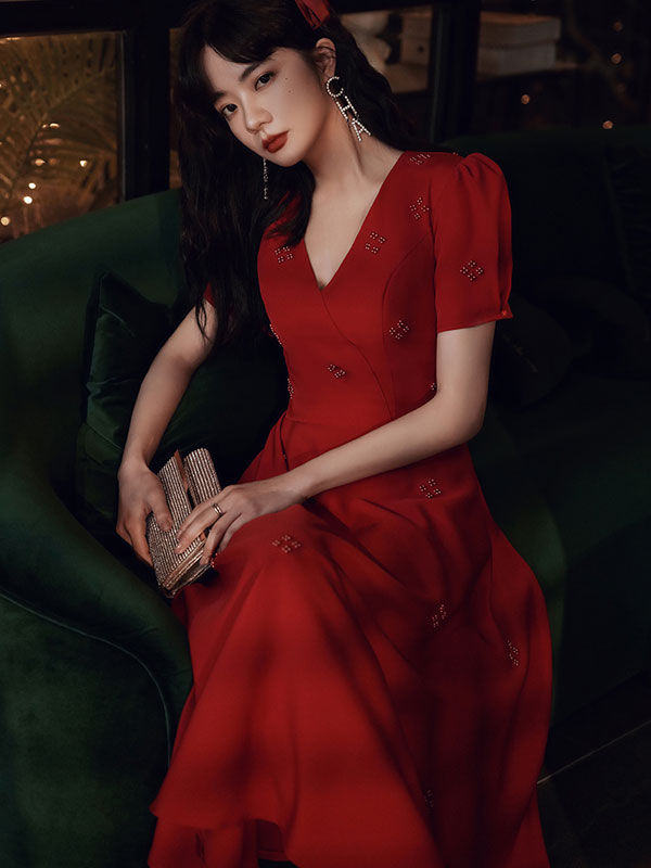 Beaded A-Line V-Neck Dress with Puff Sleeve