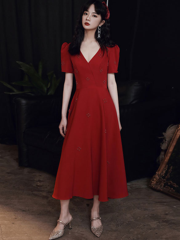 Beaded A-Line V-Neck Dress with Puff Sleeve