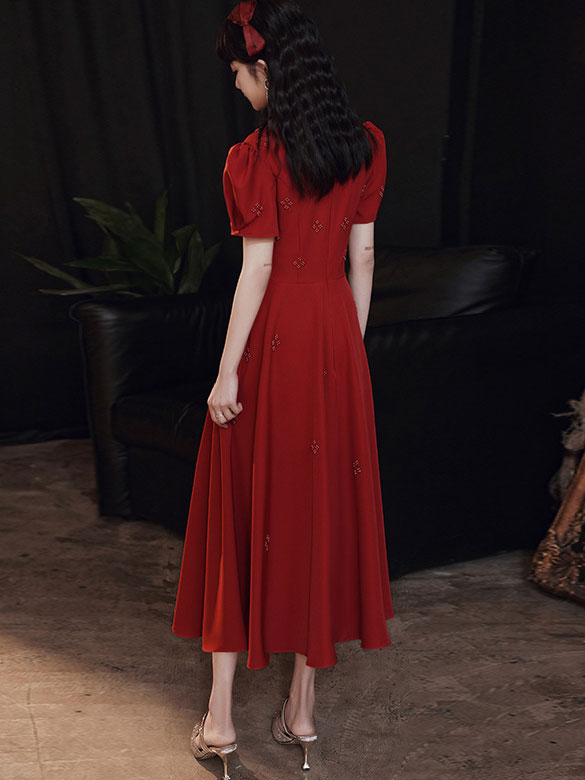 Beaded A-Line V-Neck Dress with Puff Sleeve