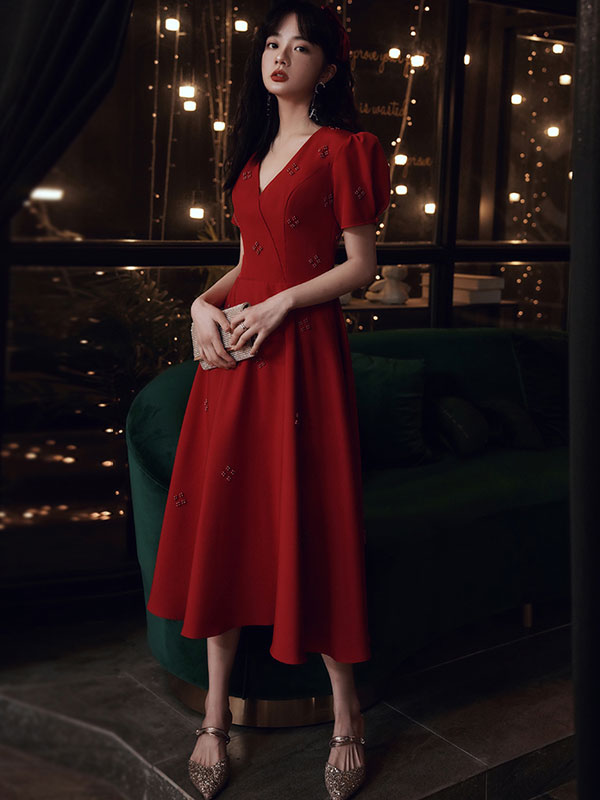 Beaded A-Line V-Neck Dress with Puff Sleeve