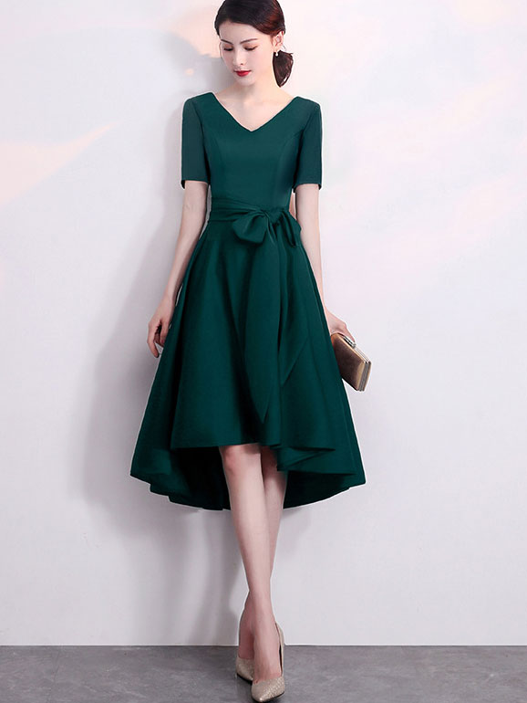 V-Neck Belt High Low Hem Party Dress