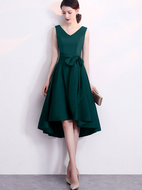 V-Neck Belt High Low Hem Party Dress
