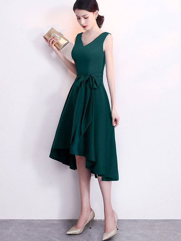 V-Neck Belt High Low Hem Party Dress