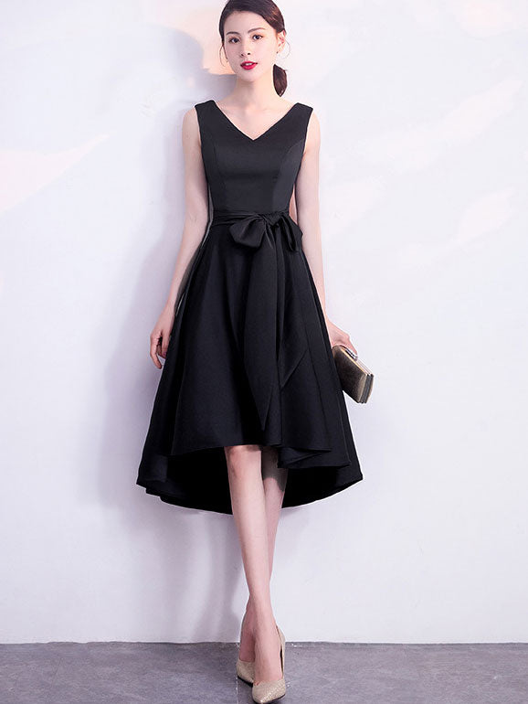 V-Neck Belt High Low Hem Party Dress