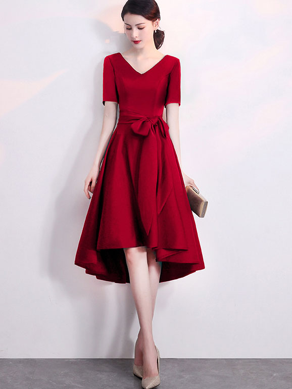 V-Neck Belt High Low Hem Party Dress