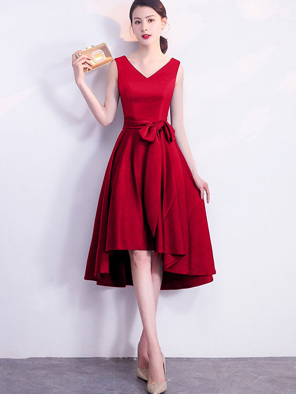 V-Neck Belt High Low Hem Party Dress