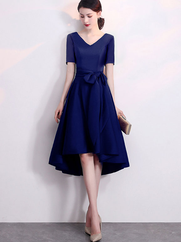 V-Neck Belt High Low Hem Party Dress