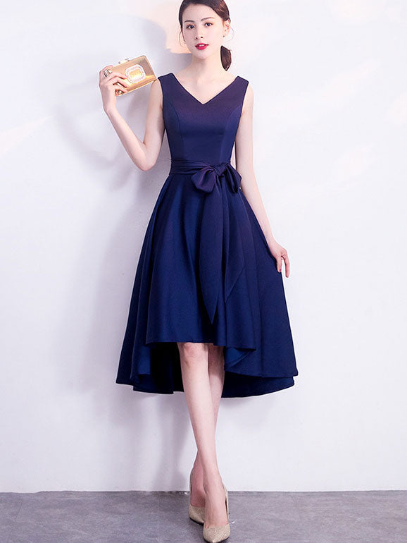 V-Neck Belt High Low Hem Party Dress