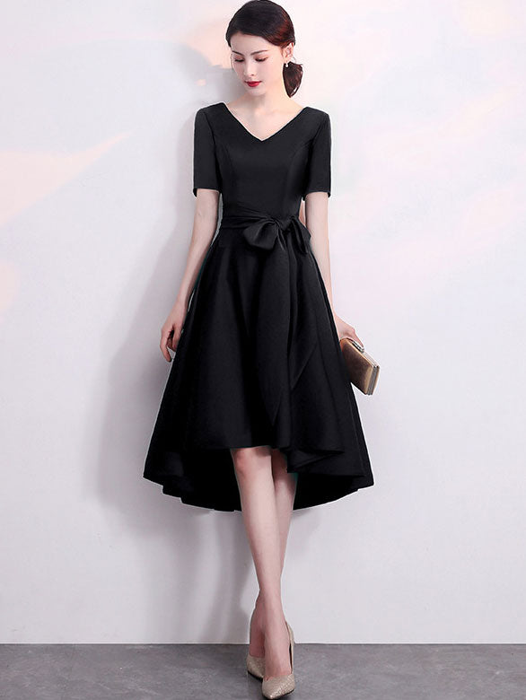 V-Neck Belt High Low Hem Party Dress