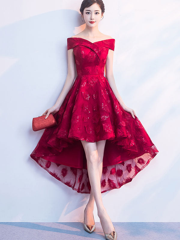 Burgundy Off Shoulder Party Dress with High Low Hem