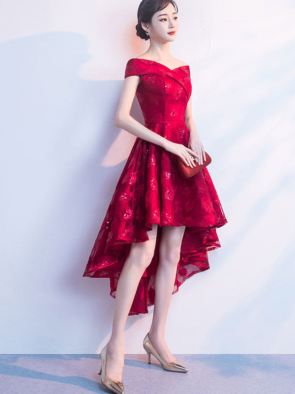 Burgundy Off Shoulder Party Dress with High Low Hem