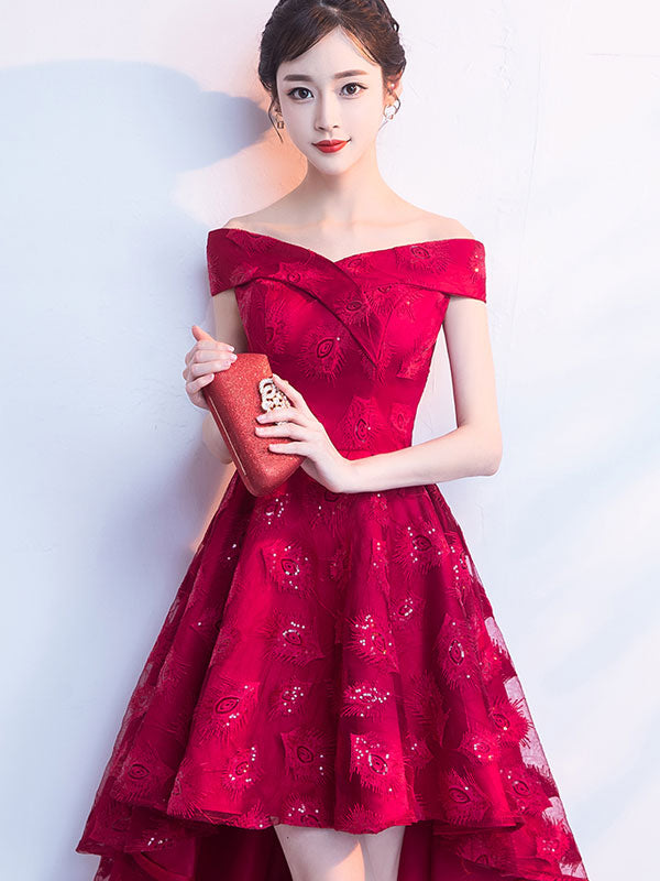 Burgundy Off Shoulder Party Dress with High Low Hem