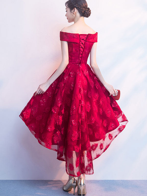 Burgundy Off Shoulder Party Dress with High Low Hem