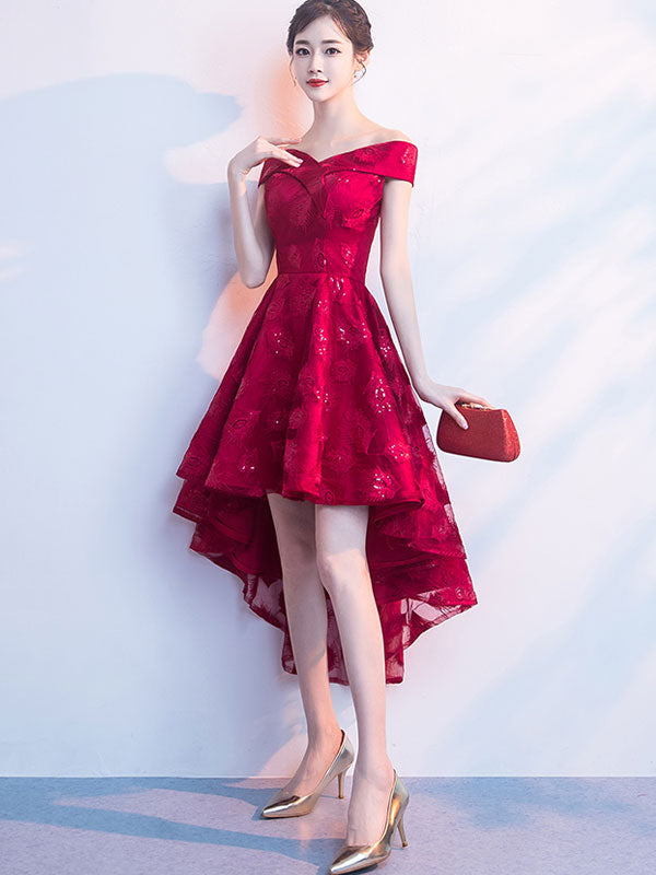 Burgundy Off Shoulder Party Dress with High Low Hem