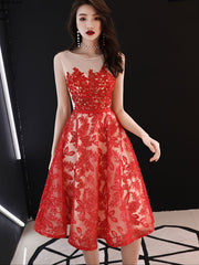 Red Lace Fit and Flare Wedding Party Dress