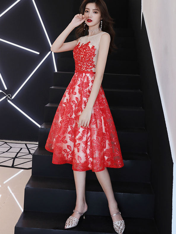 Red Lace Fit and Flare Wedding Party Dress