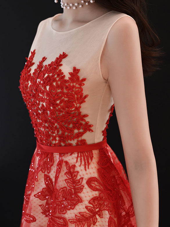 Red Lace Fit and Flare Wedding Party Dress