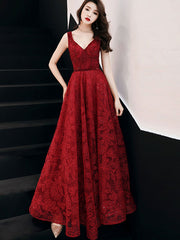 Burgundy Sequined Lace A-Line Maxi Formal Wedding Dress